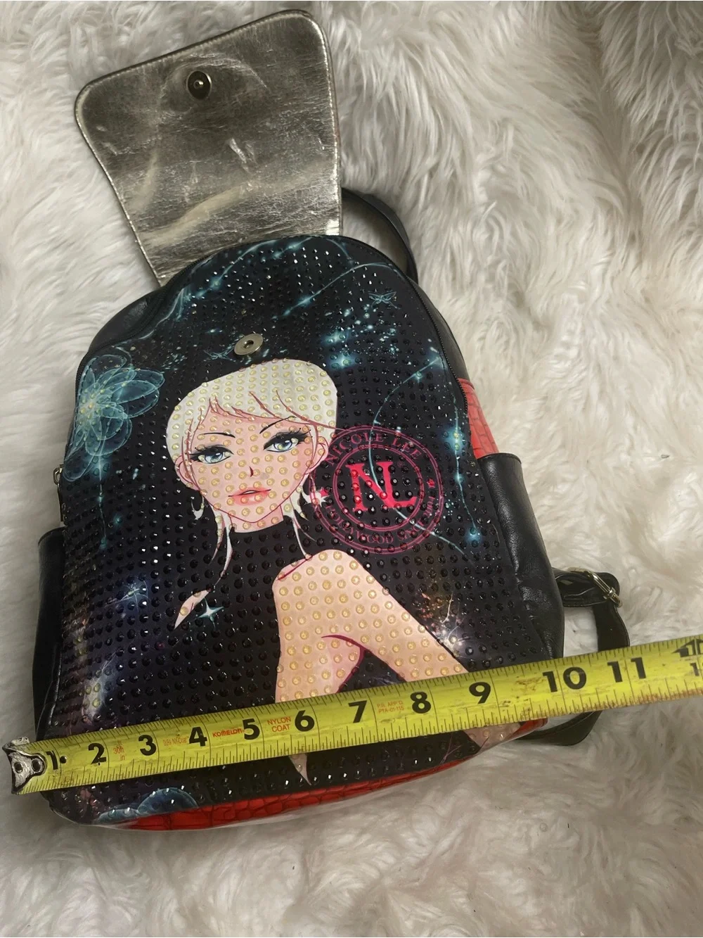 Nicole Lee Black Holographic Flap Starlet Illustration  small Backpack.